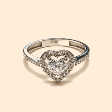 Дамски златен пръстен 14К с бял камък Heart Cut и ореол от бели камъни 2.00 гр. размер 53