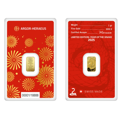 Златно кюлче Argor-Heraeus 1 g — щамповано Година на Змията 2025 (.9999)