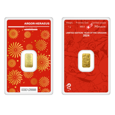 Златно кюлче Argor-Heraeus 1 g — щамповано Година на Дракона 2024 (.9999)
