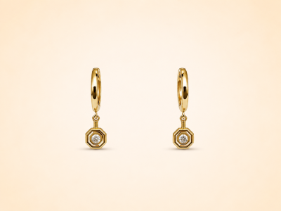 Дамски златни висящи обеци 14К с бели цирконии и геометричен осмоъгълен дизайн 3,11 гр.
